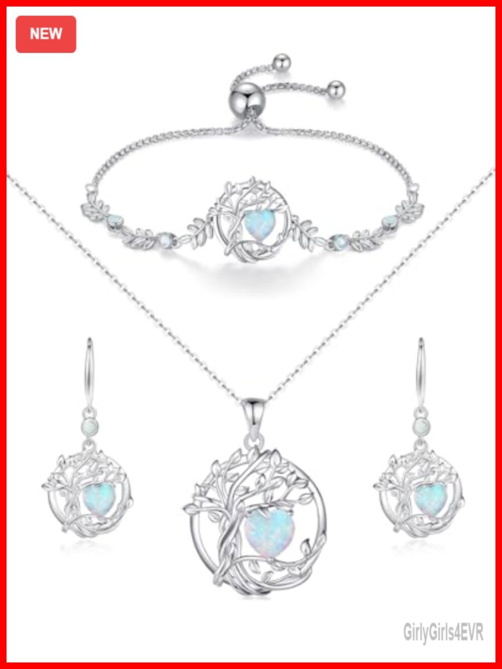 Sterling Silver Opal Tree of Life Jewelry Set Pendant Earrings Bracelet